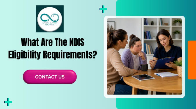 A support worker discusses paperwork with an NDIS participant and a family member during a consultation, highlighting the process of understanding NDIS eligibility and accessing disability support services.