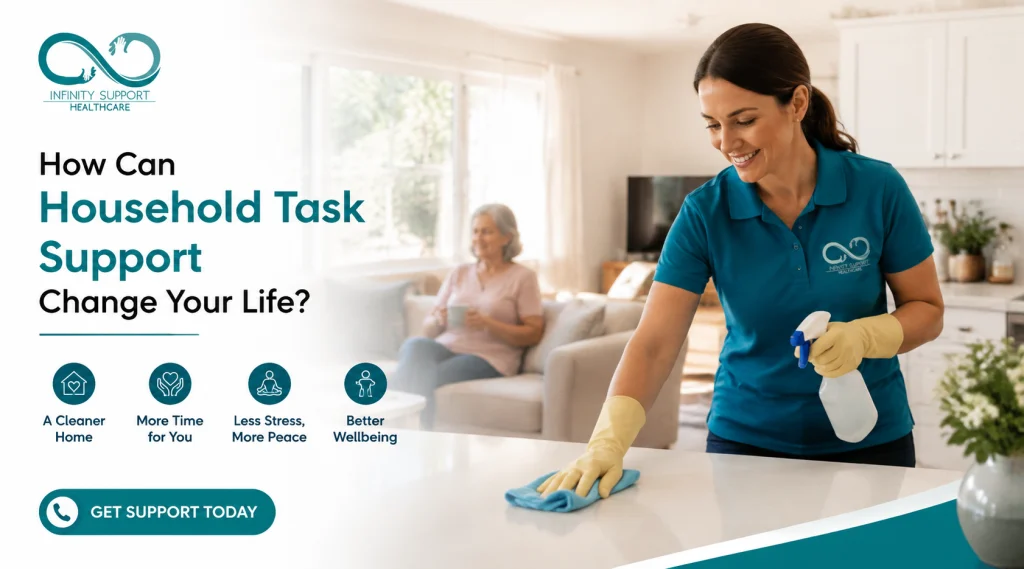 Professional healthcare support worker providing assistance with household tasks, cleaning a home while an elderly person relaxes comfortably. The image promotes reliable household task support services that help create a cleaner, safer, and more comfortable living environment.